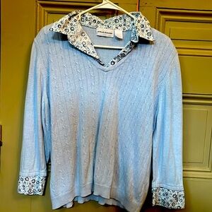 Alfred dunner XL Light Blue Sweater Blue/White Floral Collar Cuffs and Hem